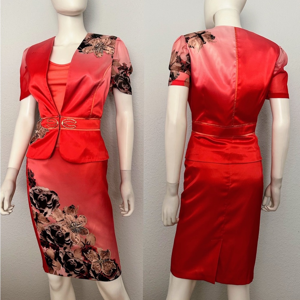NWT POLEN POE FORMAL SATIN 3 PC SKIRT SUIT JACKET/SKIRT/TOP FLORAL SHORT SLEEVES